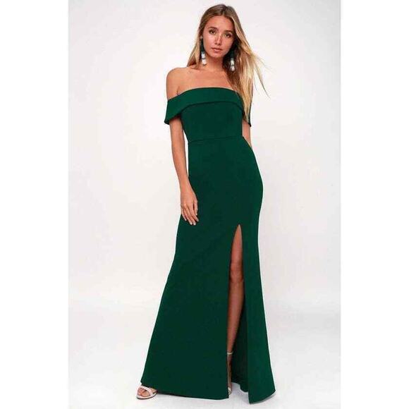 Lulus Dress Aveline Green Off the Shoulder Maxi Gown Prom Mermaid Formal Small S - Picture 1 of 12